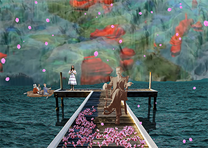 In the Presence of Absence Photo Montage water scene of a dock, man sitting in rocker with a little girl in a dress and 3 people further out rowing in a boat