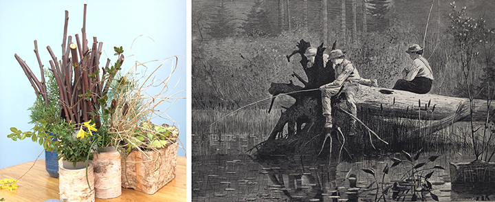 Art in Bloom Submission – Waiting for a Bite Floral arrangements in wooden pots interpretation of Winslow Homer's
