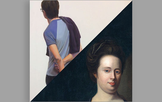 Thumbnail_Past (1) Split image (left) the image of a young man with his back turned, (Right) a woman from the 1700s