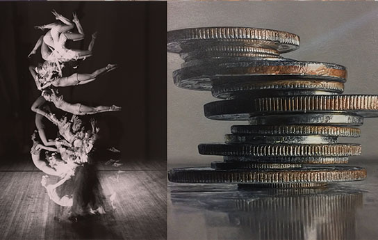 Left: Tumblers, 1942 Right: All of Which Are American Dreams, 2017 A split image drawing comparison with the left image of stacked tumblers, the right image is a stack of quarters