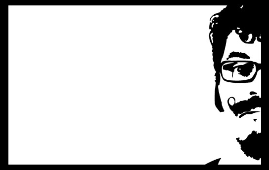 Jeffu Warmouth Black and white image of one side of a man with glasses and mustache, his images is to the right side of the image