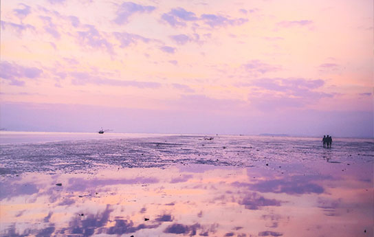 Thumbnail_Past (25) Distant figures walking in the on the beach with a purple pink sky