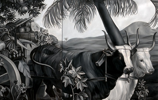 Hitched (after Desportes and Hondecoeter), 2013 One white and one black oxen pulling cart, distant mountains and palm trees behind them