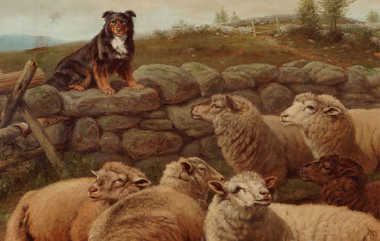 On Guard, 1896 Dog sitting on a stone wall, watching over a heard of sheep