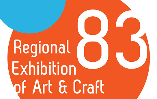 83rd Regional Exhibition of Art & Craft logo One small light blue circle in the upper left corner and a large orange circle in the center of the page with white text